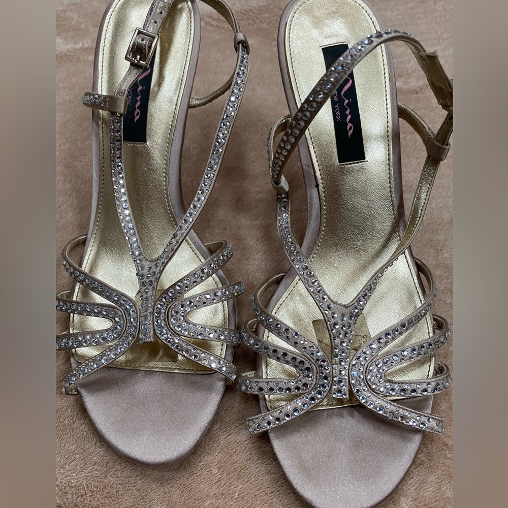 Mina New York Satin and Rhinestone party heels. Champagne color. Fancy. Elegant.